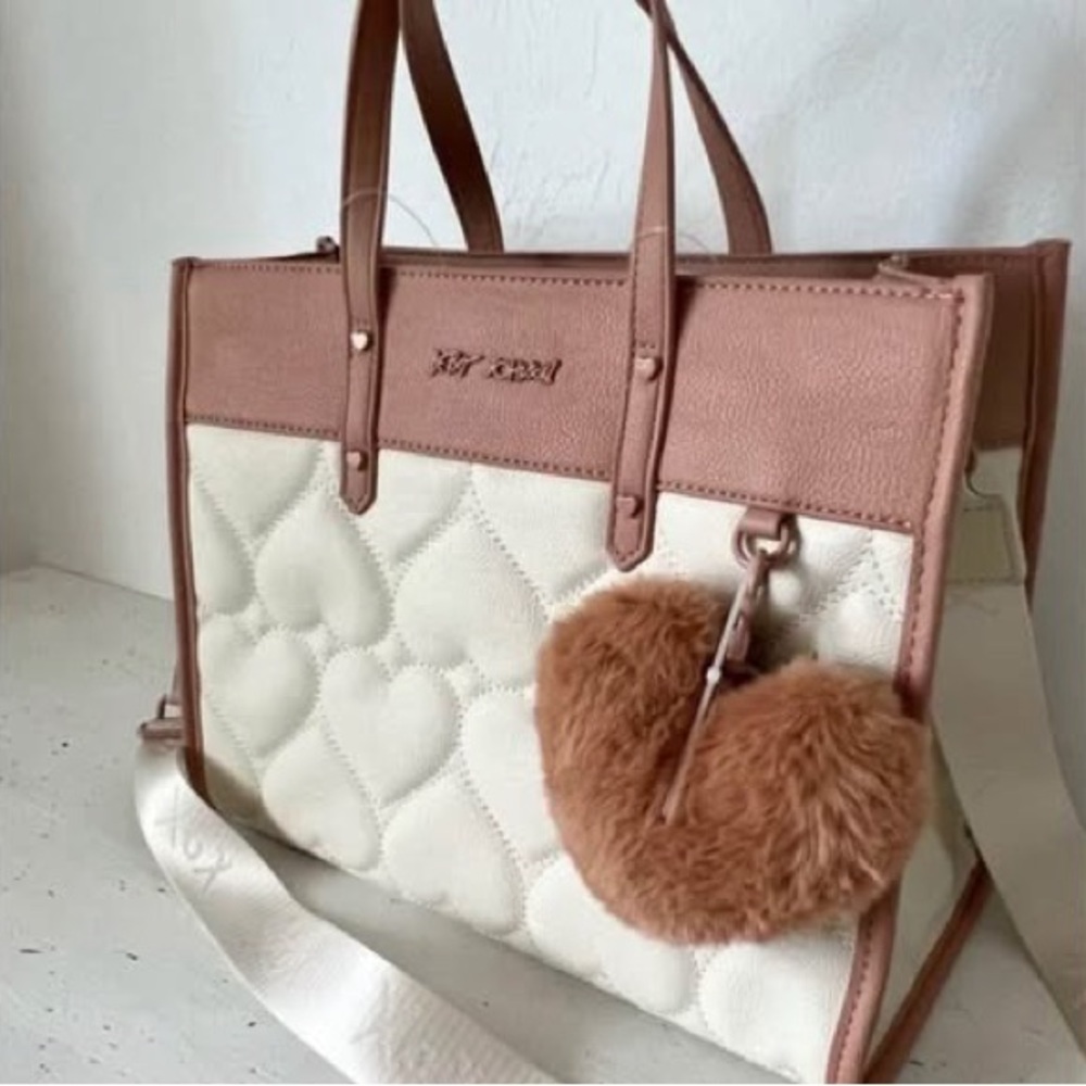 Betsey Johnson Cream and Tan Shoulder Bag with Quilted Texture